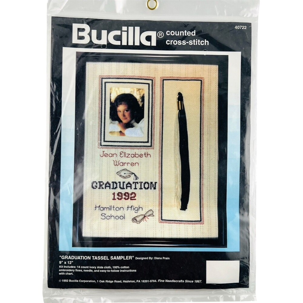 Vtg NEW Bucilla 14 ct Cross Stitch Kit Graduation Tassel Sampler High School